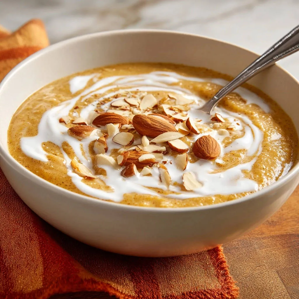 Creamy sweet potato pudding garnished with almonds and a swirl of cream in a white bowl