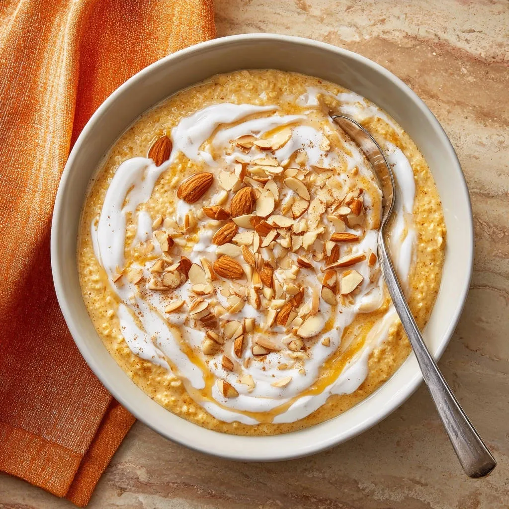 Creamy sweet potato pudding overhead view with a swirl of cream, sliced almonds, and a drizzle of honey.