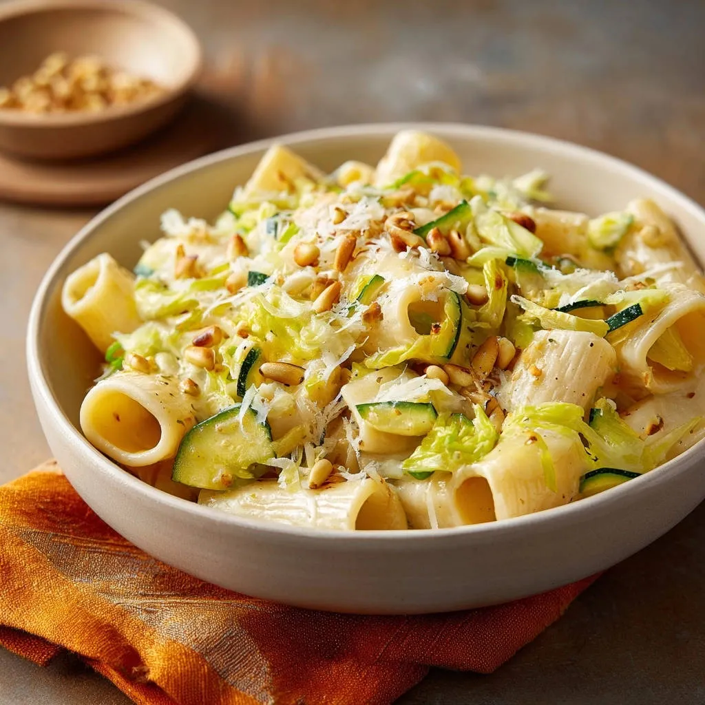 Creamy zucchini and cabbage rigatoni in a bowl, topped with pine nuts and grated cheese, showing pasta texture.