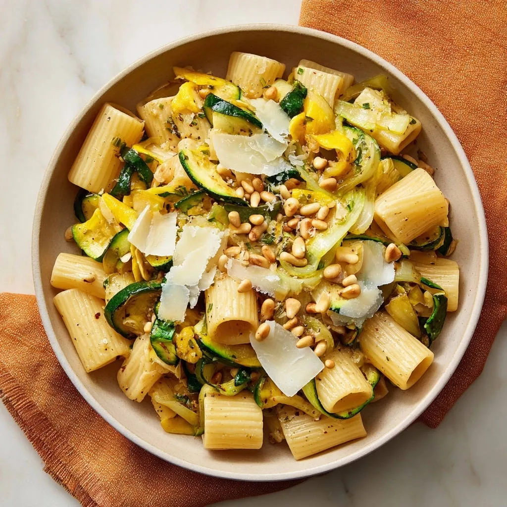 Creamy zucchini pasta with pine nuts and shaved parmesan served in a bowl, seen from an overhead view.