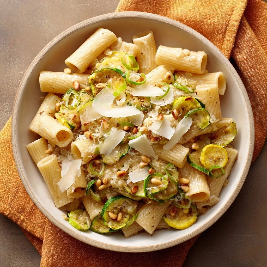 Creamy zucchini pasta in a bowl, featuring rigatoni, sliced zucchini, pine nuts, and shaved Parmesan cheese.