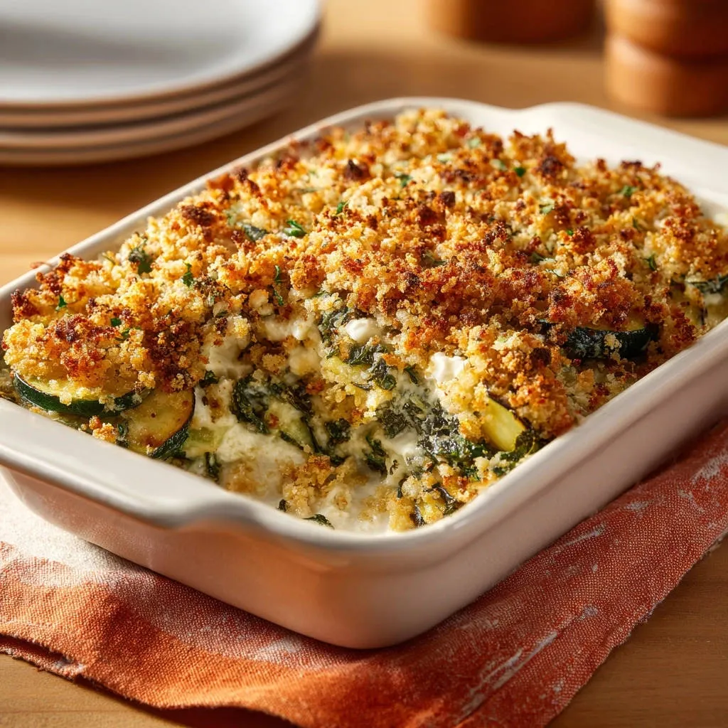 Creamy zucchini and spinach bake with a golden brown crumb topping, showing a close-up view of the texture.
