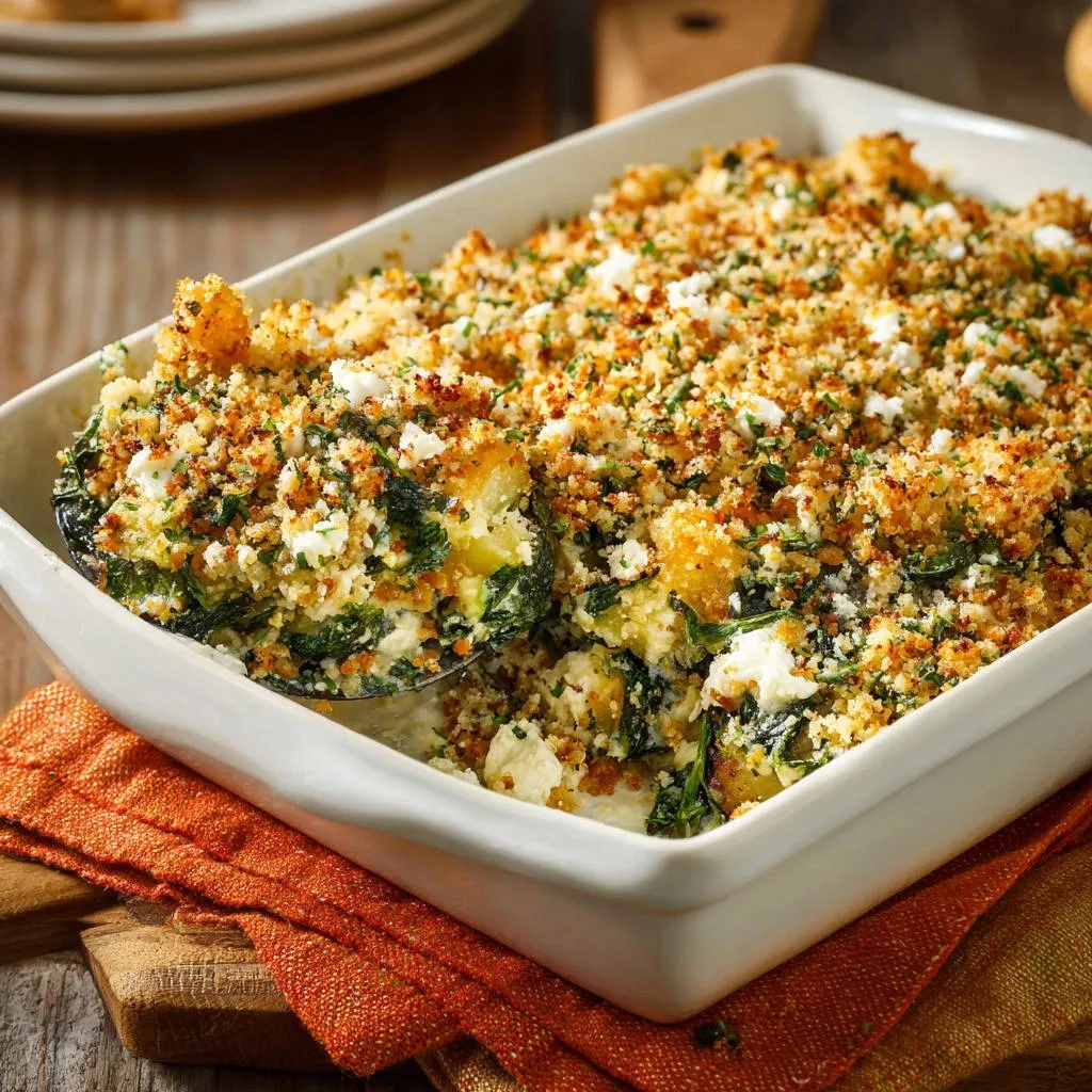 Creamy zucchini and spinach bake with a spoonful being lifted, showing its rich texture and crumb topping.