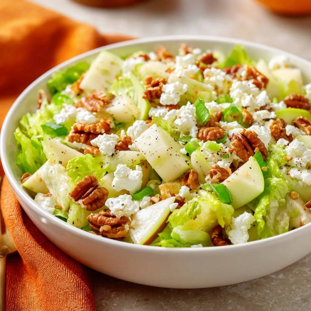 Crisp apple & walnut salad close-up in a white bowl, featuring lettuce, walnuts, feta, and apple slices.