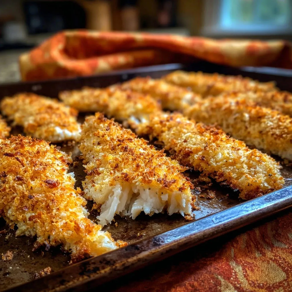 Crispy baked fish sticks showing a close-up of their flaky interior texture on a baking sheet.