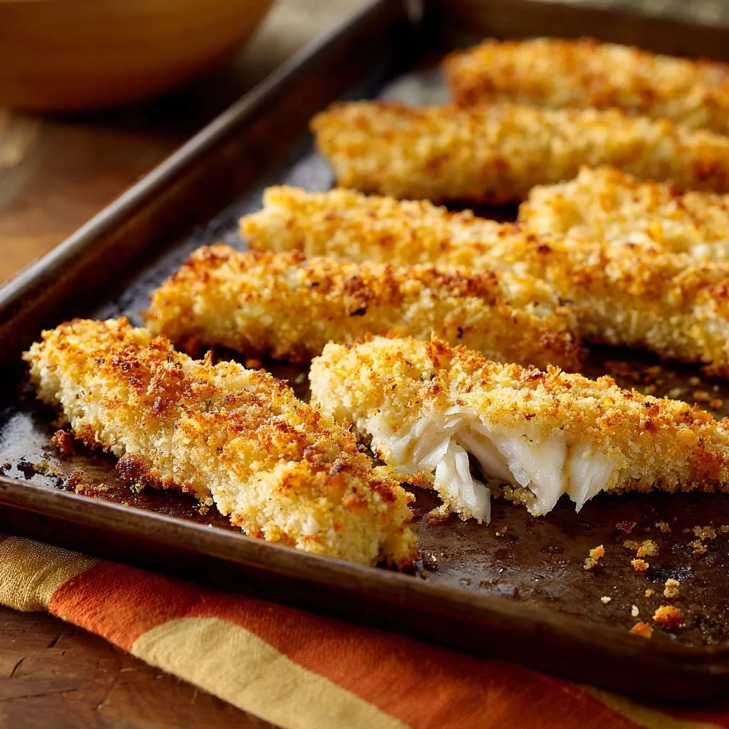 Crispy baked fish sticks showing a close-up cross-section with flaky white fish inside a golden breadcrumb coating.
