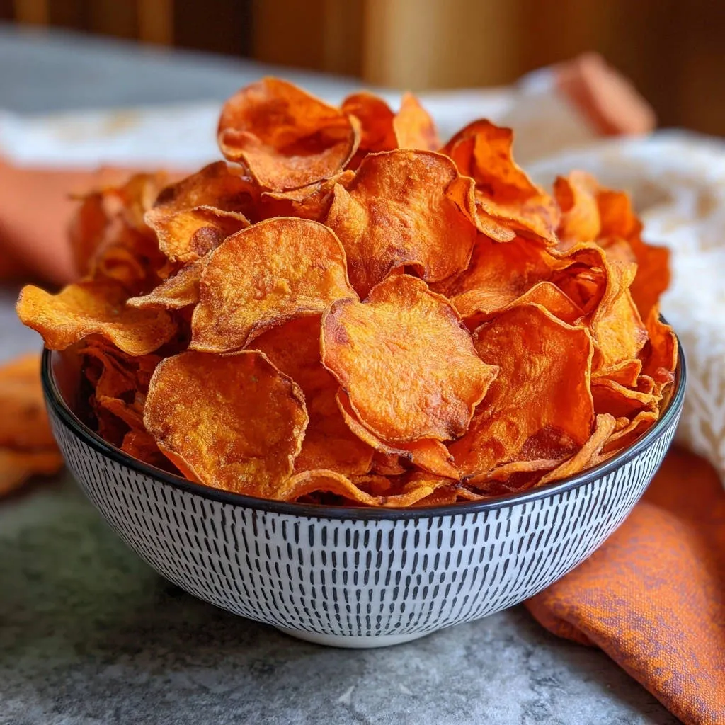 Crispy baked sweet potato chips filling a patterned bowl, showing individual chip texture and arrangement.