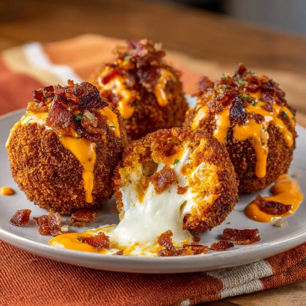 Crispy cheesy bacon bites showing a gooey cheese cross-section with melted mozzarella and bacon crumbles.