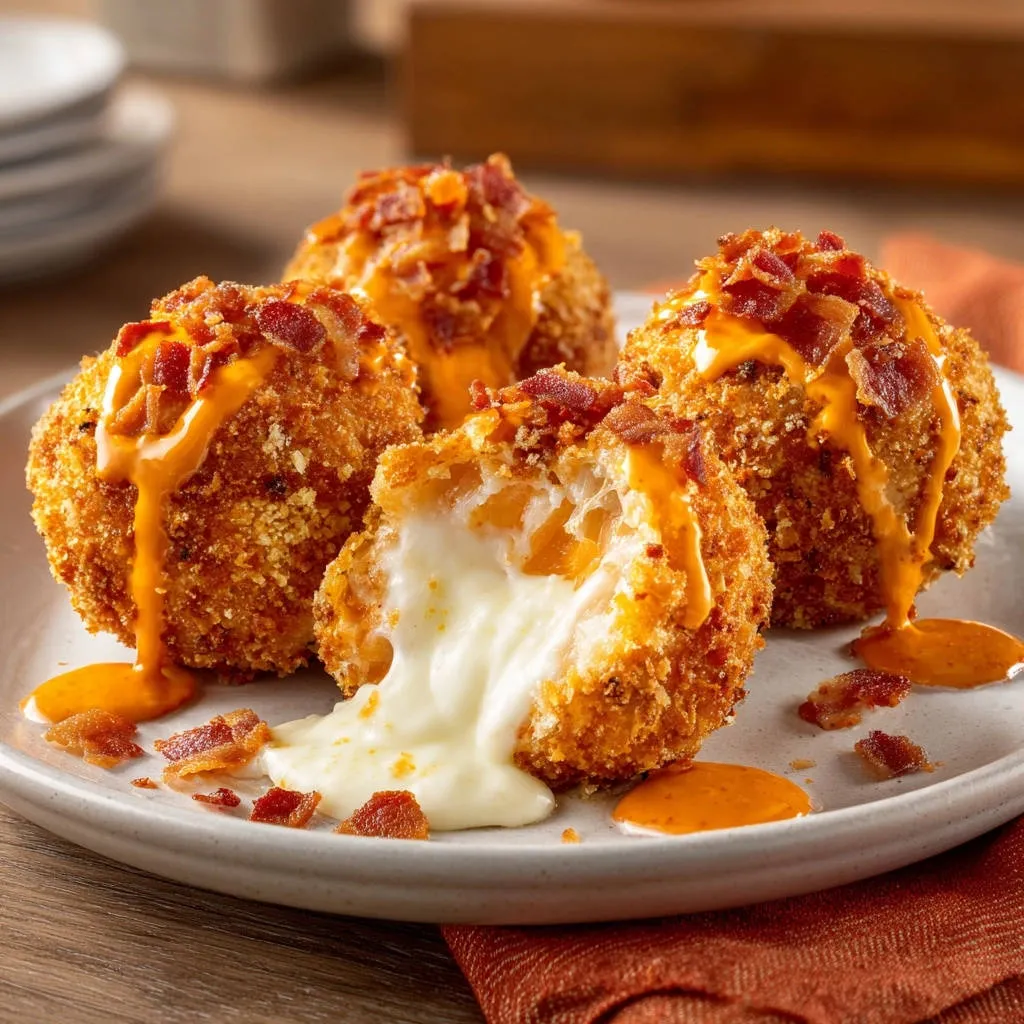 Crispy cheesy bacon bites with a gooey melted cheese interior shown in a close-up cross-section.