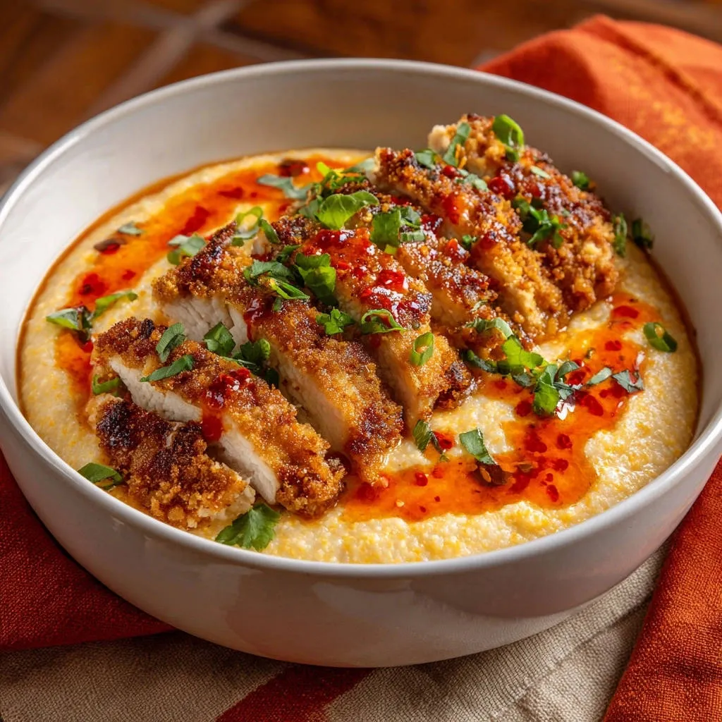 Crispy chicken and creamy grits, sliced and drizzled with chili oil, showcasing a close-up texture detail.