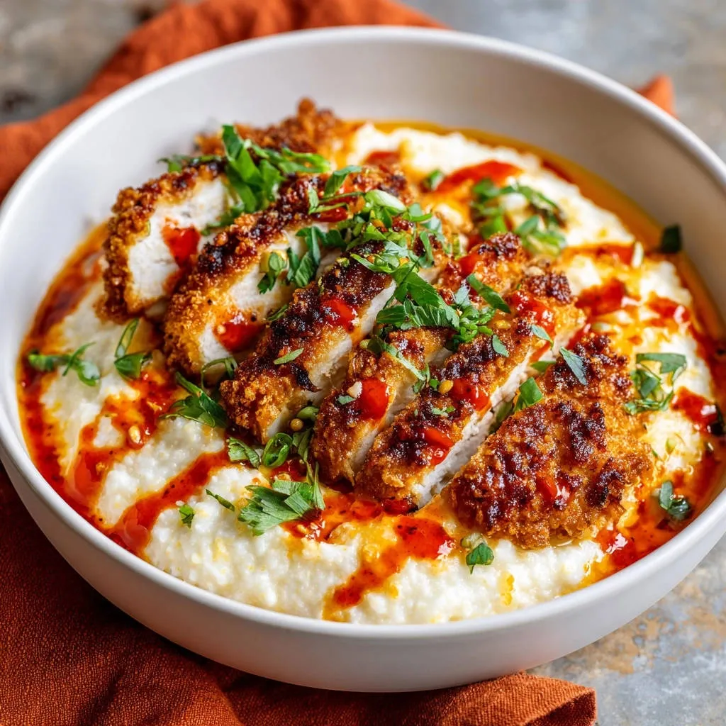 Crispy chicken and creamy grits sliced and garnished with fresh herbs and chili oil drizzle.