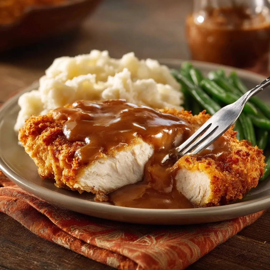 Crispy chicken cutlets with savory gravy shown in a close-up cross-section with a fork taking a bite.