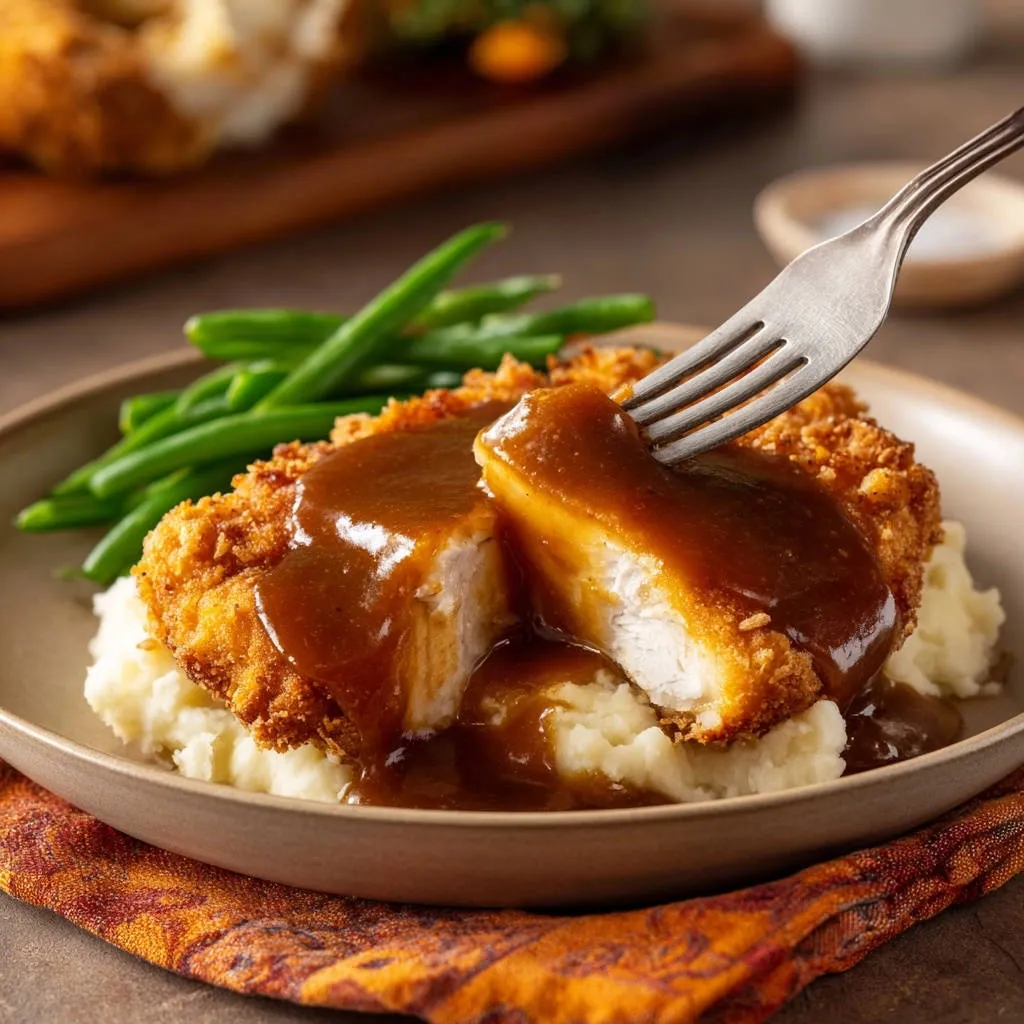 Crispy chicken cutlets with savory gravy shown in a cross-section with a fork, served over mashed potatoes.