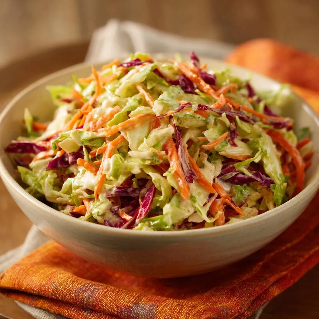 Crispy classic coleslaw featuring shredded cabbage and carrots in a creamy dressing, served in a light-colored bowl.