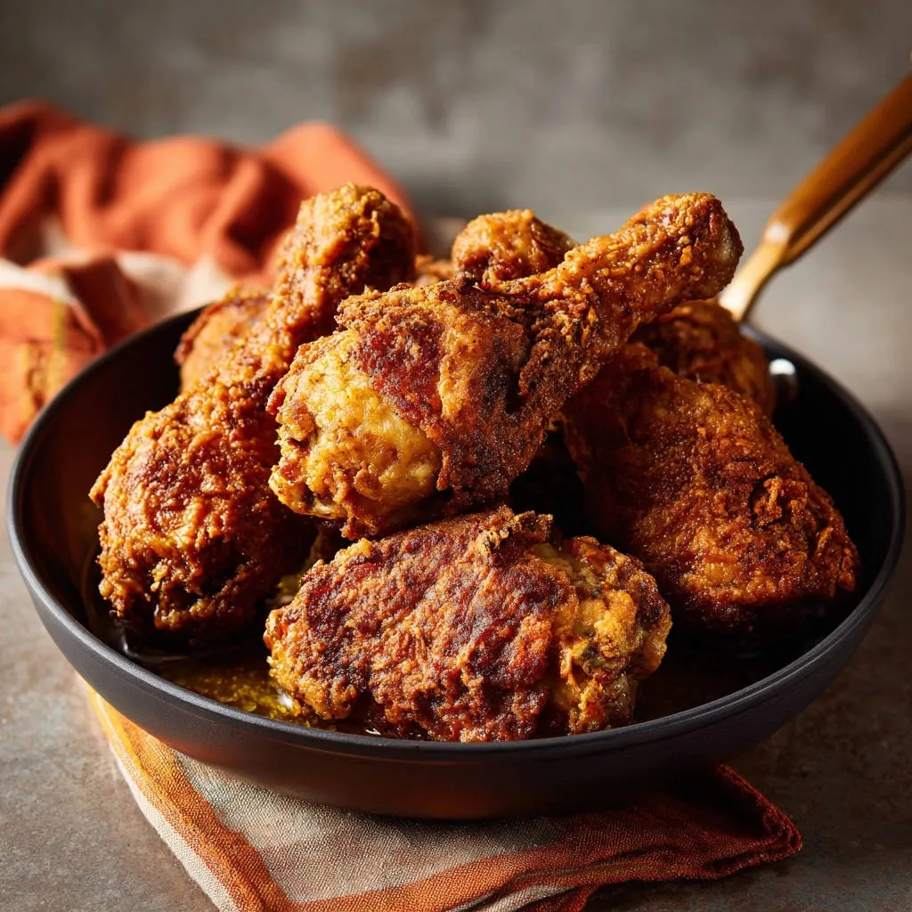 Classic crispy fried chicken served in a pan, showcasing the golden-brown, textured coating up close.