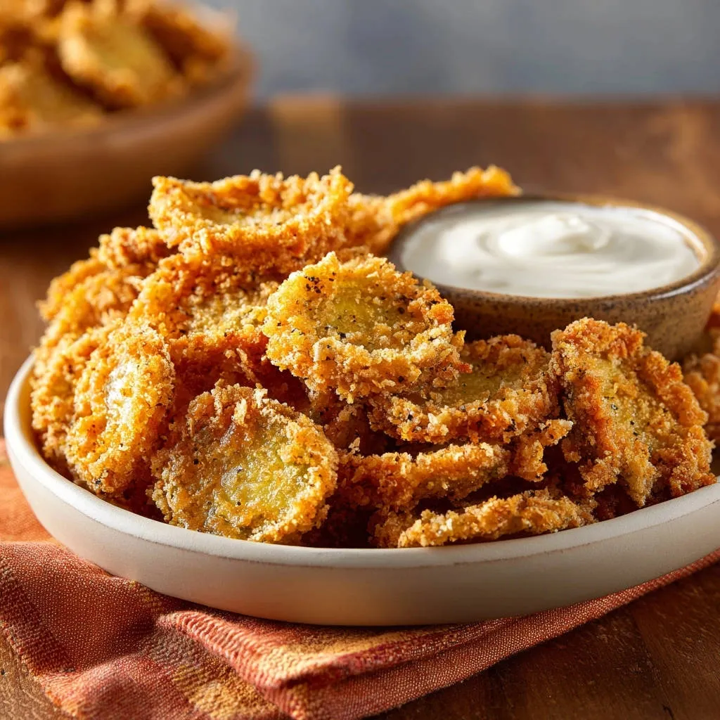 Crispy fried pickle chips served in a white bowl with a side of dipping sauce.