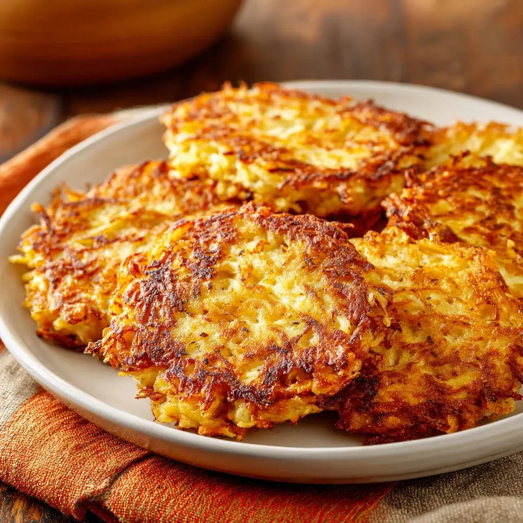 Crispy golden potato pancakes served on a white plate, showcasing their texture and golden-brown edges from a side view.