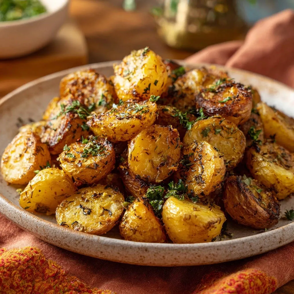 Crispy herb roasted baby potatoes, a close-up view showing the golden texture and fresh herb garnish.