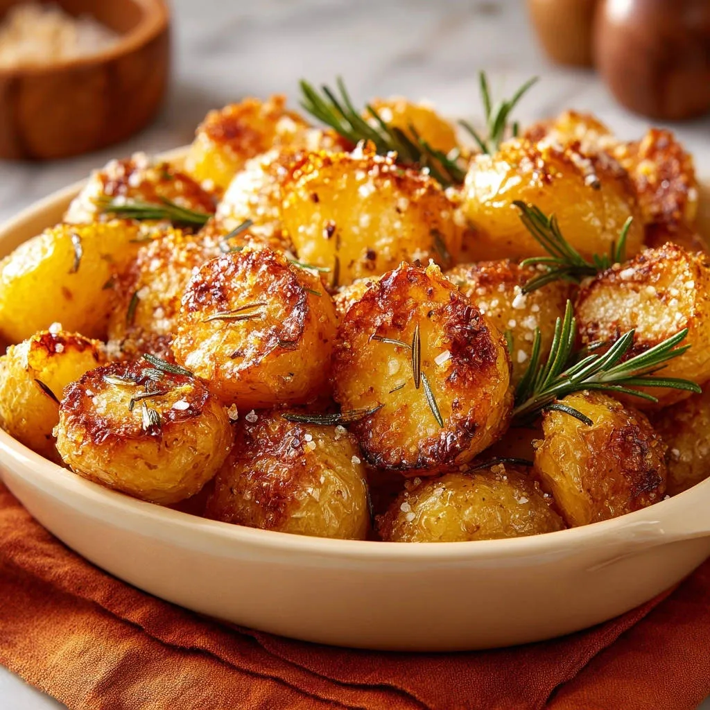 Crispy rosemary roast potatoes in a bowl, featuring a close-up view of the rosemary garnish and salt topping.