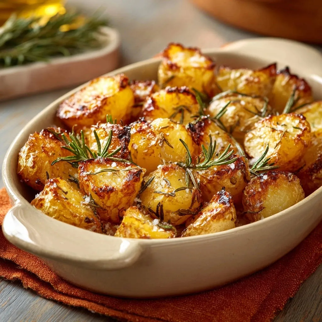 Crispy rosemary roast potatoes golden and fluffy served in a baking dish, garnished with fresh rosemary sprigs.