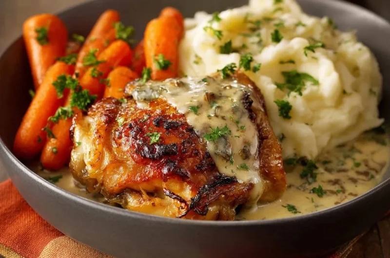 Crispy Skinned Chicken Thighs with Creamy Herb Sauce