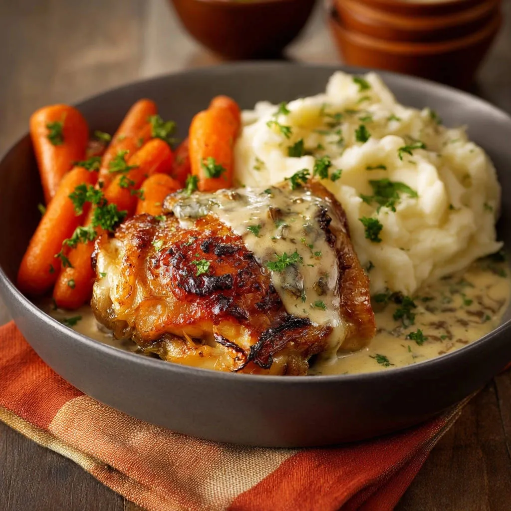 Crispy skinned chicken thighs with creamy herb sauce served in a bowl with mashed potatoes and carrots.