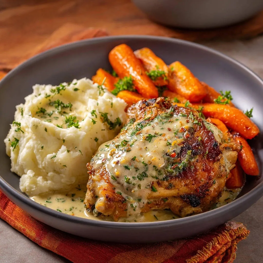 Crispy skinned chicken thighs with creamy herb sauce, plated with mashed potatoes and roasted carrots, garnished with parsley.