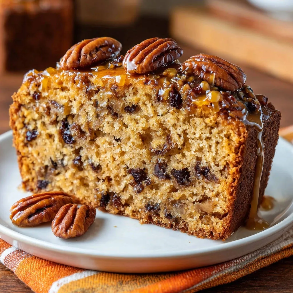 Decadent Pecan Caramel Quick Bread, a moist slice with pecans and caramel glaze, served on a plate.