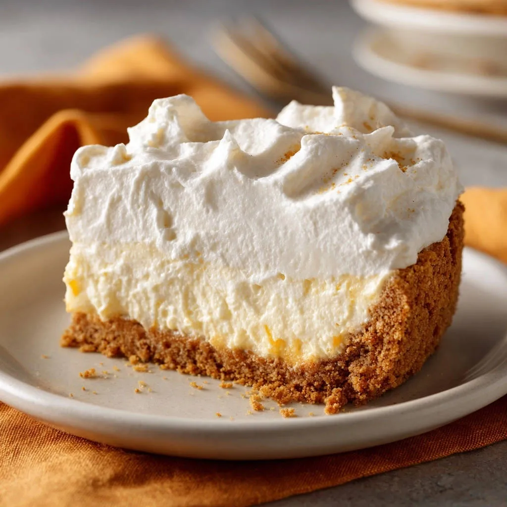 Easy No-Bake Lemon Cream Pie shown as a single slice on a plate, showcasing its creamy layers and graham cracker crust.