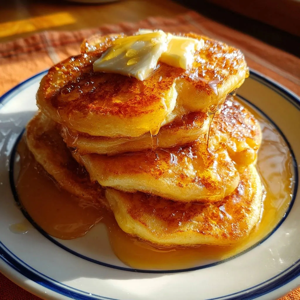 Fluffy golden pancakes topped with melting butter and dripping syrup on a white plate.