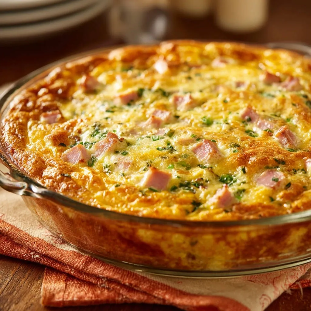 Fluffy ham and herb frittata baked golden brown in a clear glass pie dish, ready to serve.