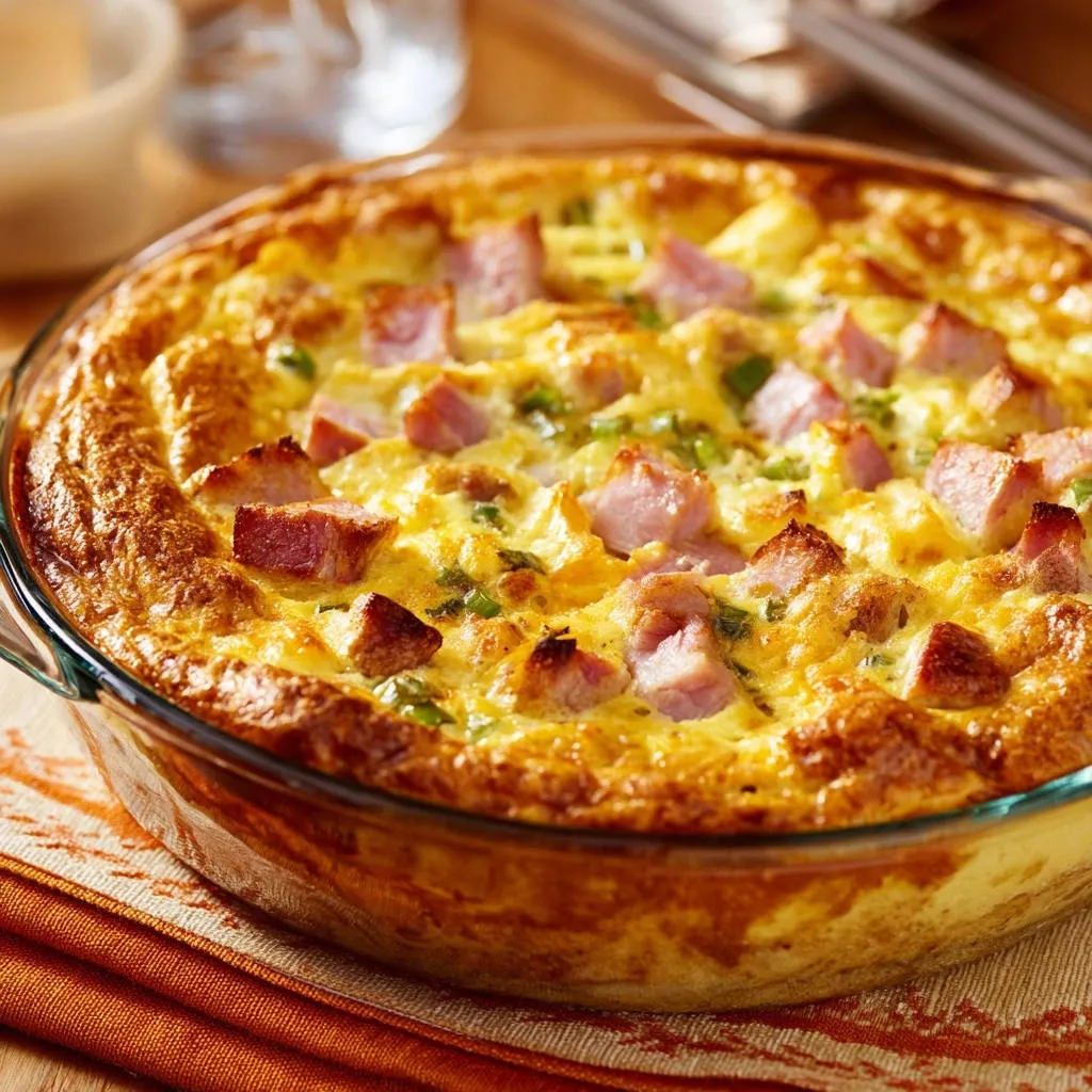 Fluffy ham and herb frittata, baked golden brown and served in a clear glass baking dish.