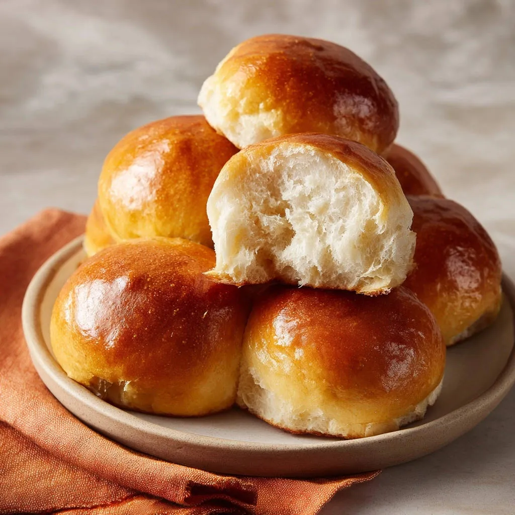 Fluffy homemade dinner rolls shown here with a close-up cross-section revealing their soft, airy interior texture.