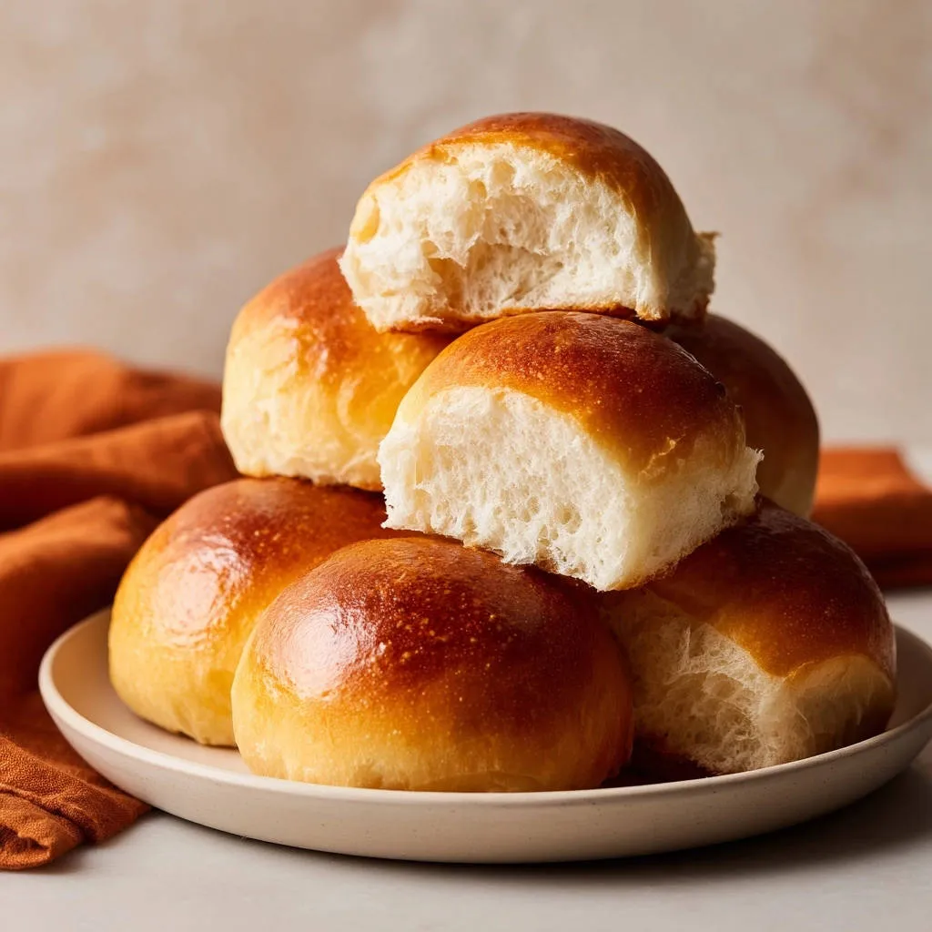 Fluffy homemade dinner rolls shown in a close-up cross-section, revealing their soft, airy interior texture.