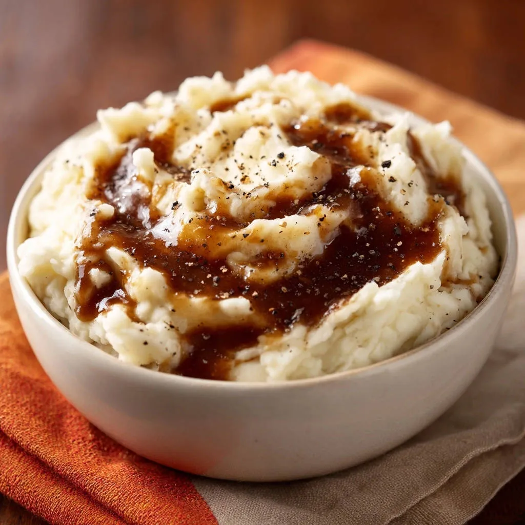 Fluffy mashed potatoes with gravy in a bowl, showing a close-up detail of the creamy texture and dark gravy topping.