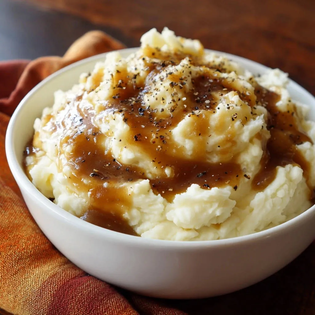 Fluffy mashed potatoes with gravy, a close-up showing the creamy texture and rich topping.
