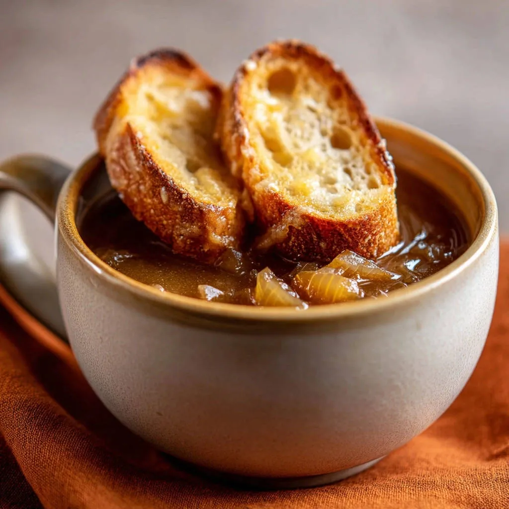 Classic French onion soup featuring a rich broth topped with toasted baguette slices and melted cheese.