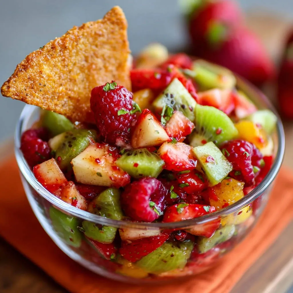 Fresh fruit salsa with a chip garnish, showcasing a vibrant mix of strawberries, kiwi, and raspberries in a clear bowl.