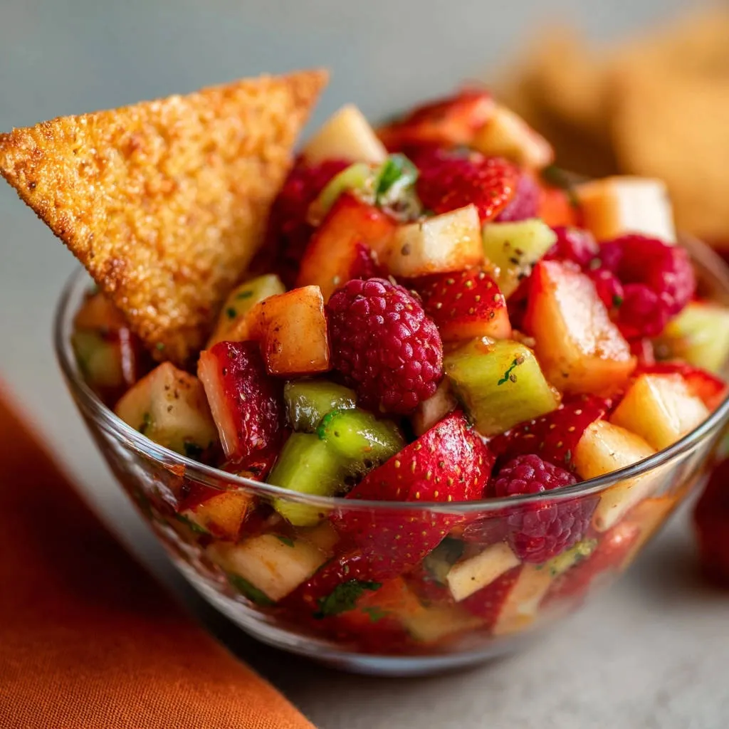Fresh fruit salsa with strawberries, kiwi, and raspberries served in a glass bowl with a fried tortilla chip.