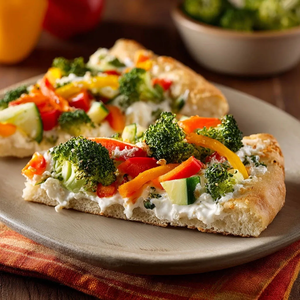 Fresh garden veggie pizza appetizer shown in a close-up cross-section, highlighting the creamy cheese and colorful toppings.