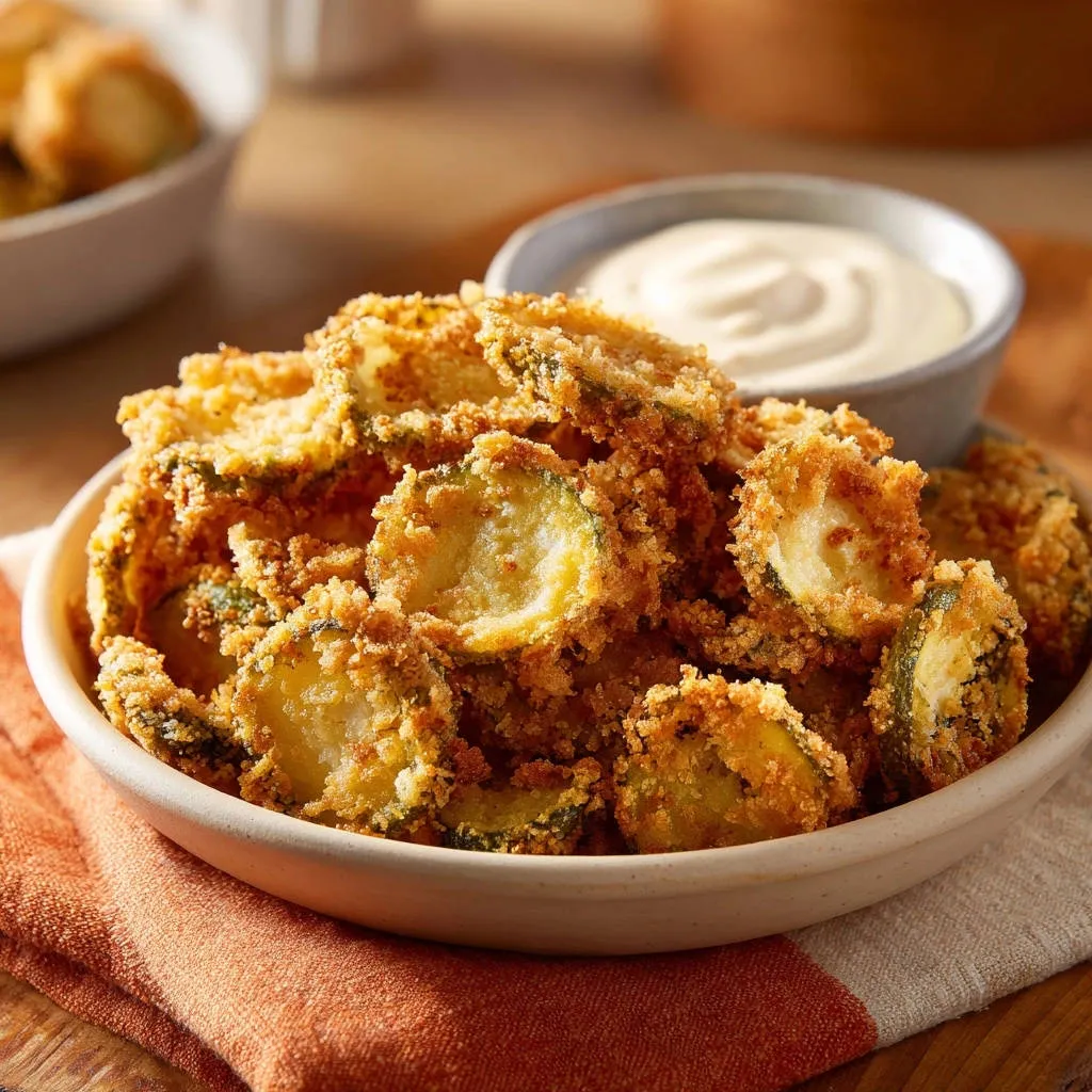 Crispy fried pickle chips in a bowl with a side of dipping sauce, showcasing their golden-brown coating.
