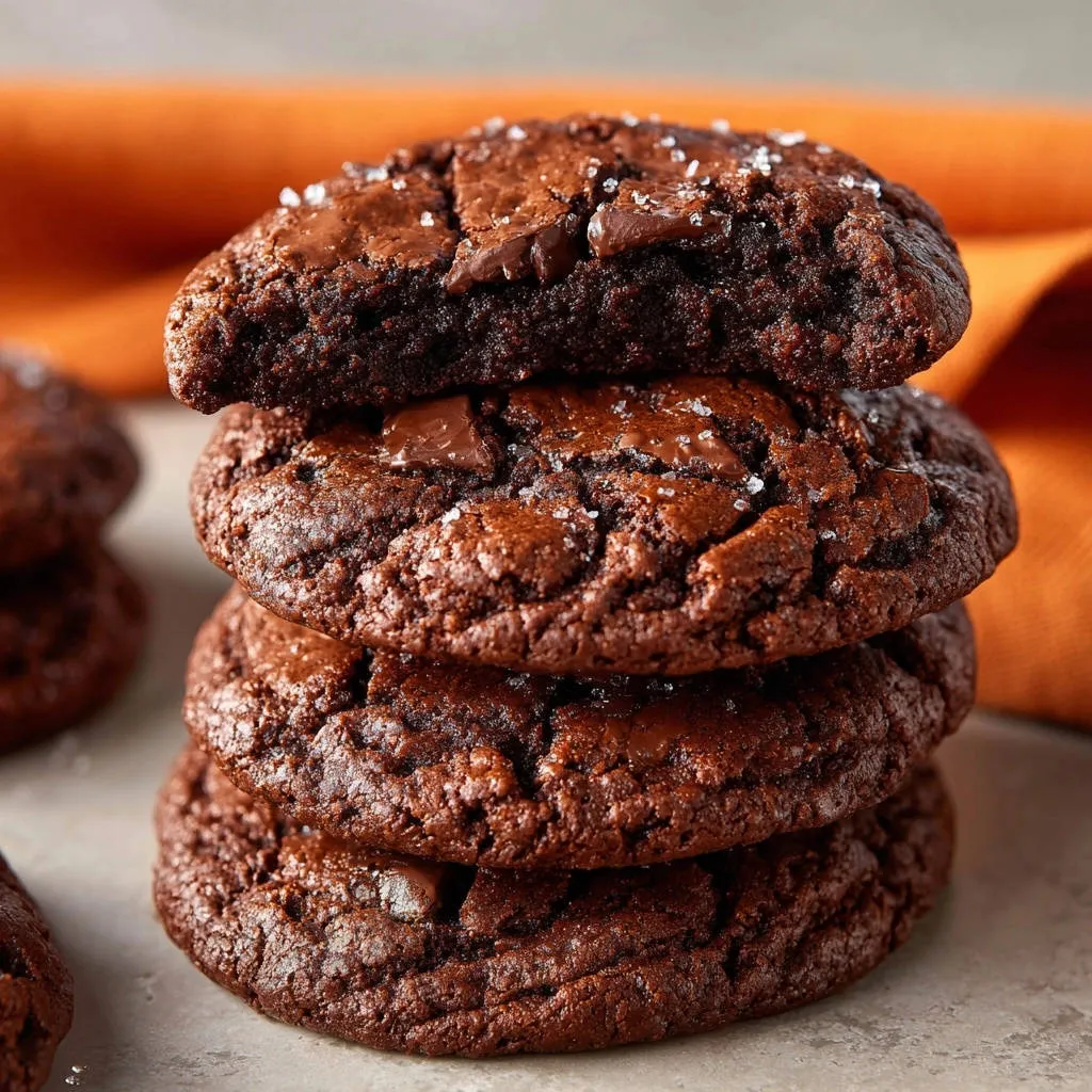 Ultimate fudgy double chocolate cookies stacked in a close-up view, showcasing their rich texture and chocolate chunks.