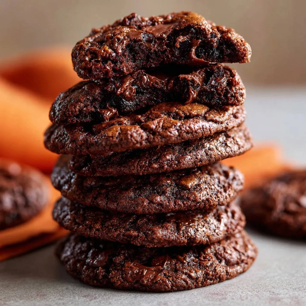 Ultimate fudgy double chocolate cookies stacked high, showing a tempting cross-section of gooey chocolate chips.