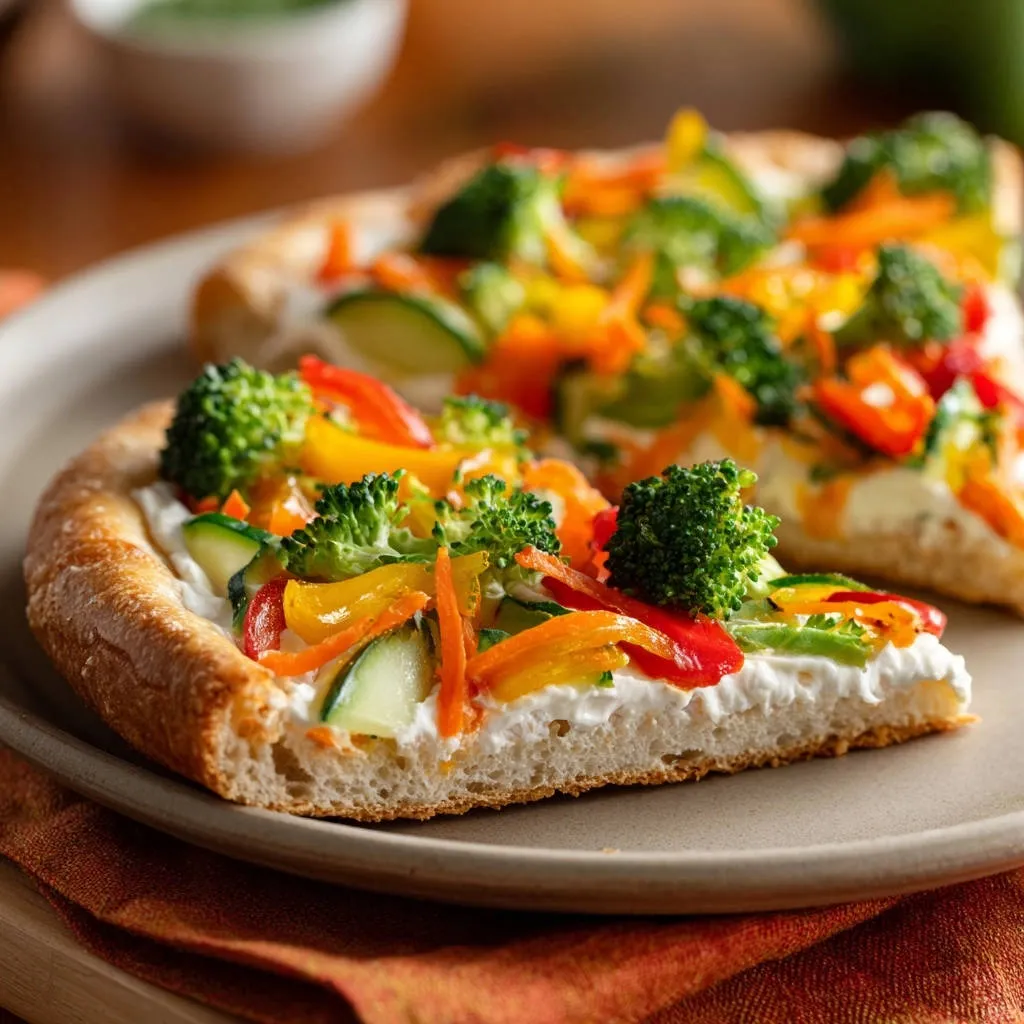Fresh garden veggie pizza appetizer shown in a close-up cross-section revealing its crisp crust and fresh toppings.