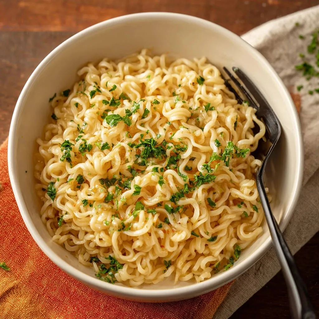Garlic butter ramen with fresh parsley, shown in a white bowl with a fork, highlighting the noodle texture.
