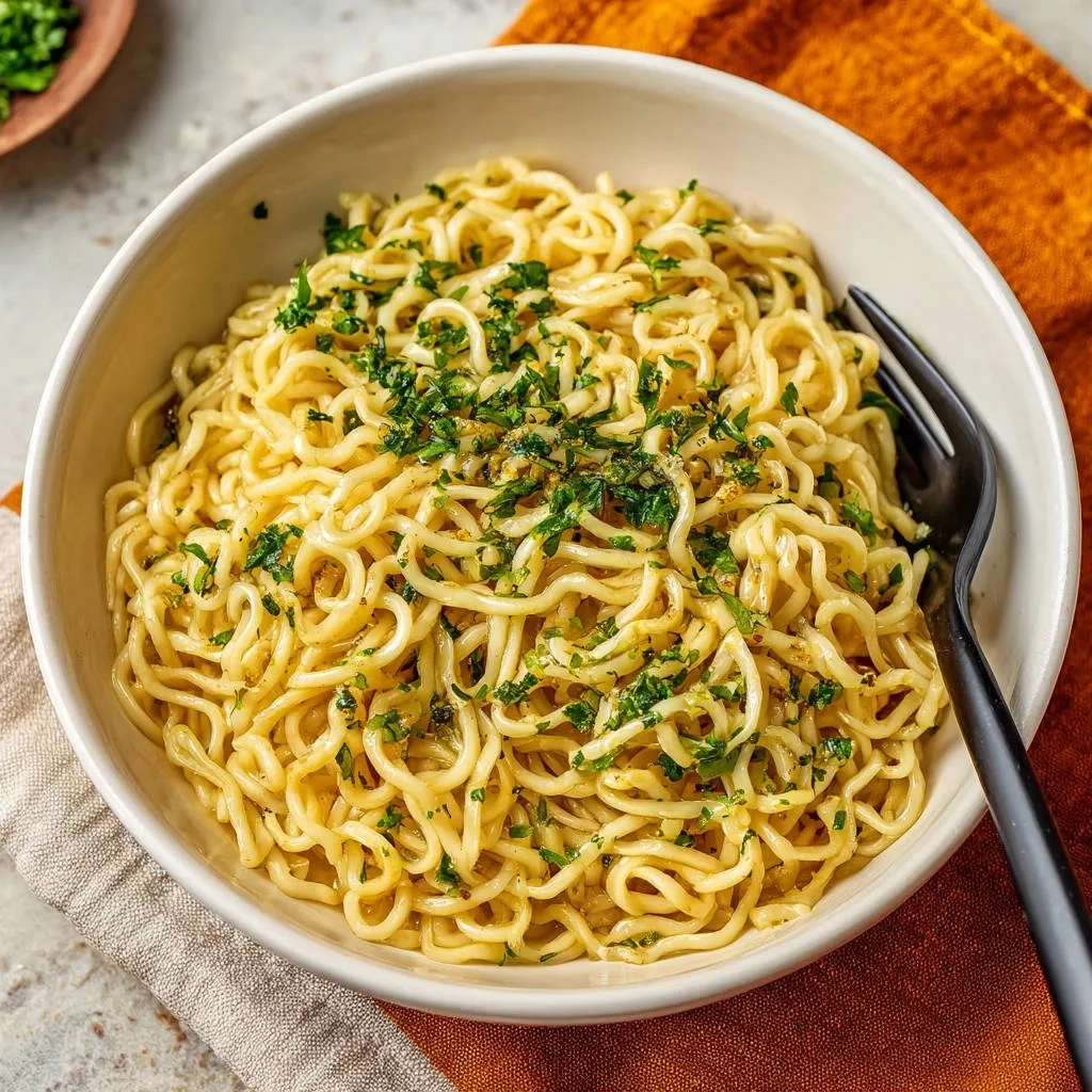 Garlic butter ramen served in a white bowl, topped with fresh parsley and a fork.