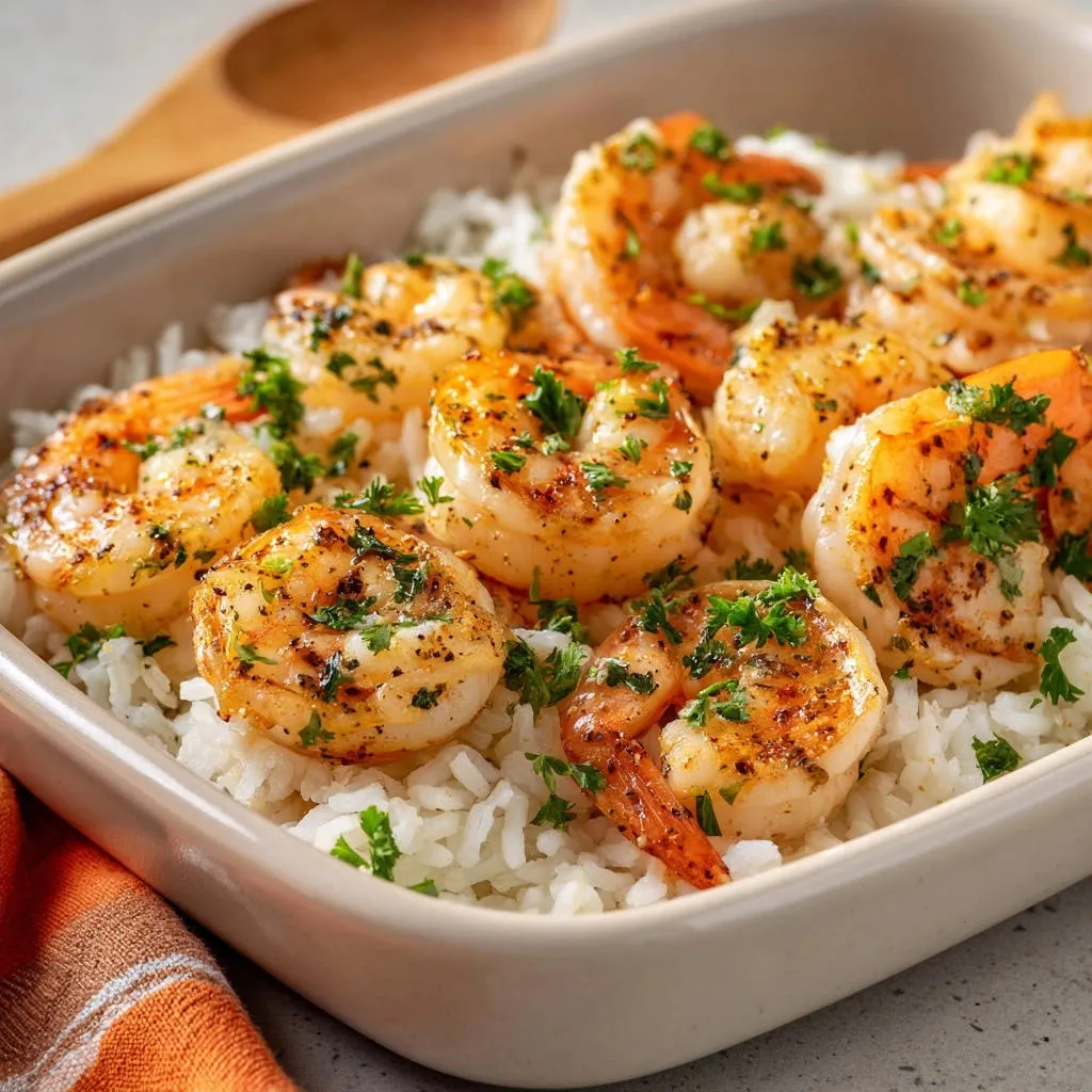 Quick Garlic Herb Shrimp with Fluffy Rice presented in a close-up view of the serving pan.