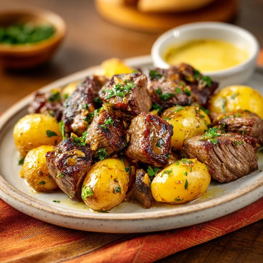 Garlic herb steak bites and potatoes served on a plate with a close-up view of the tender steak and golden potatoes.