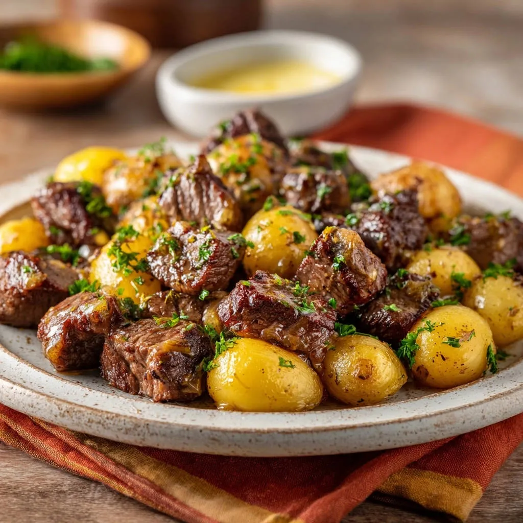 Garlic herb steak bites and potatoes served on a plate, a close-up view showcasing the tender meat and golden potatoes.