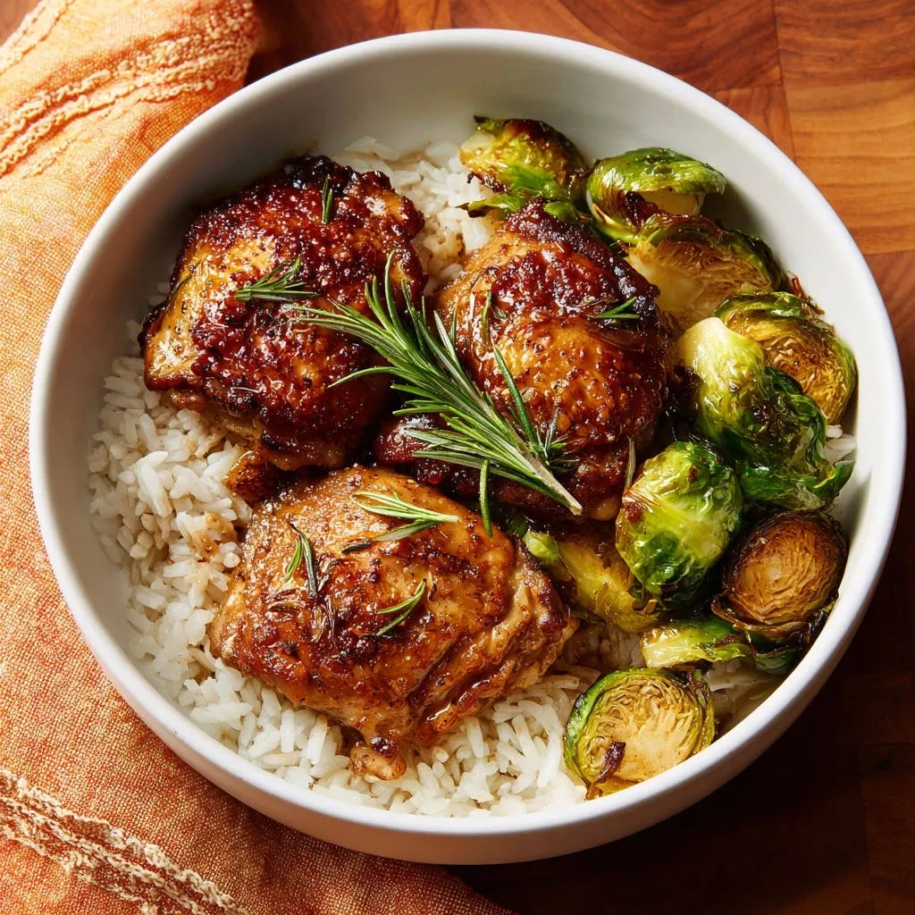 Glazed chicken thighs and roasted Brussels sprouts served in a white bowl over rice, garnished with rosemary.